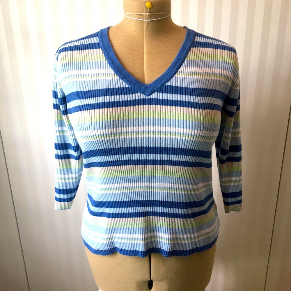 Denver Hayes blue green white striped cotton v-neck sweater Size M